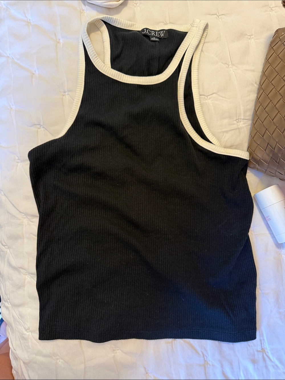 J. Crew Black Ribbed Racerback Tank with Cream Trim
